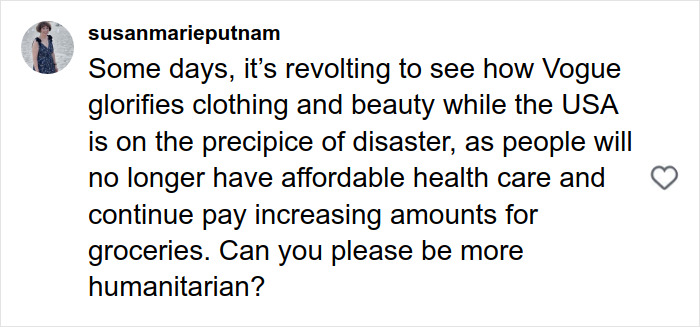 Comment criticizing Vogue for glorifying beauty amid USA&rsquo;s healthcare and grocery crisis reflecting a major Photoshop blunder.