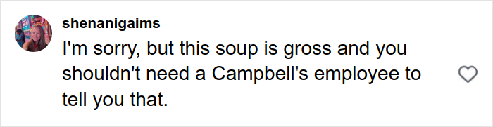 Alt text: Social media comment criticizing Campbell's soup ingredients amid leaked audio exposing executive's disturbing remarks.
