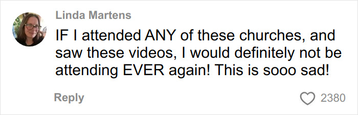Screenshot of a social media comment by Linda Martens reacting to a woman's social experiment with US megachurches. Screenshot of a social media comment by Linda Martens reacting to a woman's social experiment with US megachurches.