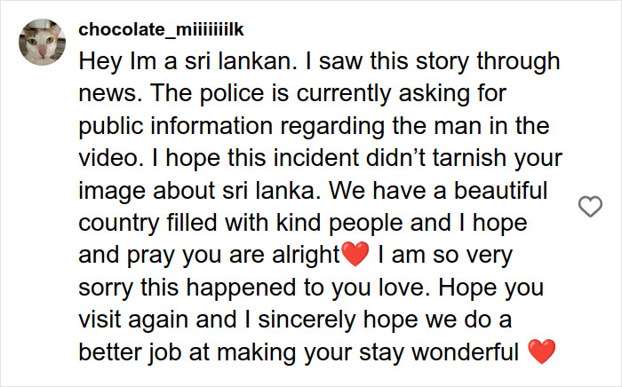 Comment from a Sri Lankan expressing concern and hope after a disturbing solo traveling incident involving a local man.