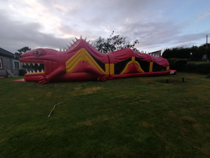 Inflatable dragon obstacle course on a grassy lawn with houses and trees in the background at dusk.