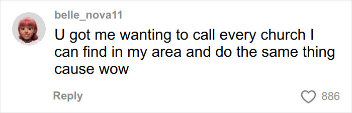 Social media comment expressing excitement about a woman's social experiment with US megachurches online. Social media comment expressing excitement about a woman's social experiment with US megachurches online.