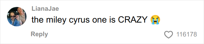 Comment on social media post reacting to Miley Cyrus tattoo regrets, highlighting viral tattoo artist discussion.