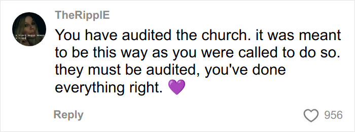 Comment praising a woman’s social experiment auditing US megachurches, receiving 956 likes on the post. Comment praising a woman’s social experiment auditing US megachurches, receiving 956 likes on the post.