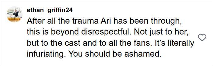 User comment on social media expressing anger and calling out disrespect after Ariana Grande premiere incident backlash.