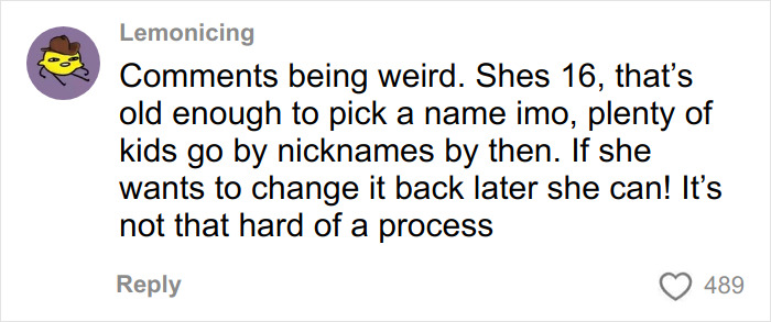 Comment discussing a 16-year-old girl changing her racist name after bullying, mentioning it&rsquo;s not a hard process.
