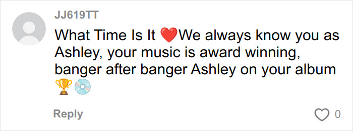 Comment praising Ashley Tisdale&rsquo;s award-winning music and mentioning her name change official decision.