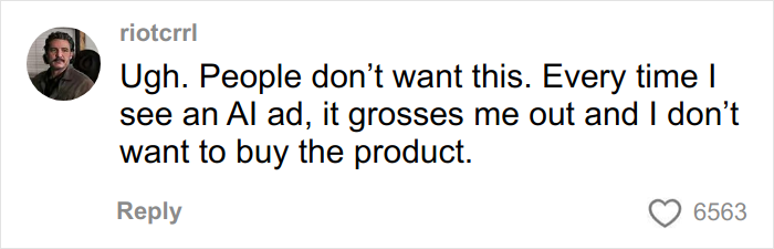 Comment by user riotcrrl expressing dislike for AI ads making them not want to buy the product, related to AI and Coca-Cola prompts.