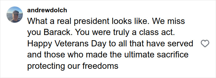 Alt text: Comment praising Barack Obama and honoring war veterans on Veterans Day with emotional tribute and gratitude.