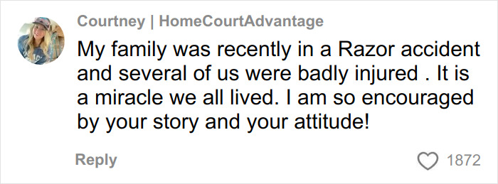Screenshot of a social media comment sharing a family&rsquo;s Razor accident and expressing encouragement from a paralysis story.