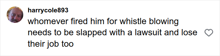 Comment from user harrycole893 discussing whistleblowing and potential lawsuits related to Campbell's soup executive controversy.