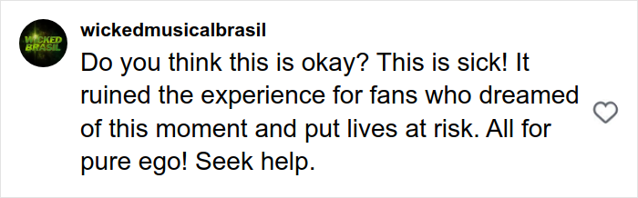 Comment from wickedmusicalbrasil criticizing fan who attacked Ariana Grande at premiere for ruining the experience and risking lives.