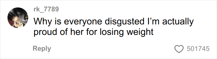 Comment on social media expressing pride in a woman&rsquo;s weight loss despite others&rsquo; negative reactions.