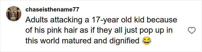 Comment criticizing adults attacking Angelina Jolie and Brad Pitt's son Knox, 17, over his bold new pink hair look.