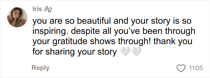 Comment from Iris praising the girl who was paralyzed at 16, calling her story inspiring and expressing gratitude.
