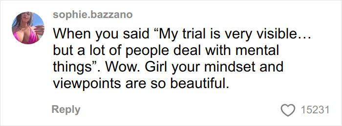 Instagram comment by user sophie.bazzano praising the mindset of a girl who was paralyzed at 16 after a basic mistake.
