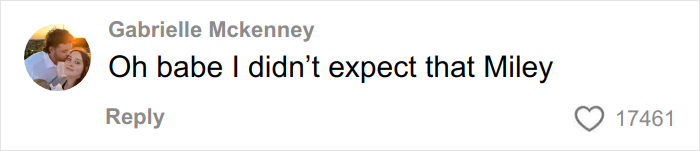 Screenshot of a comment saying Oh babe I didn&rsquo;t expect that Miley on a social media post about tattoo regrets.