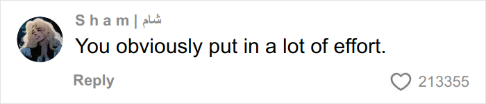 Comment on social media from user Sham complimenting someone's effort, related to woman's trick to hide loose skin on belly after weight loss.