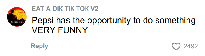 Comment on social media post discussing Pepsi, highlighting humor, with 2,492 likes, related to Coca-Cola&rsquo;s holiday commercial and AI prompts.