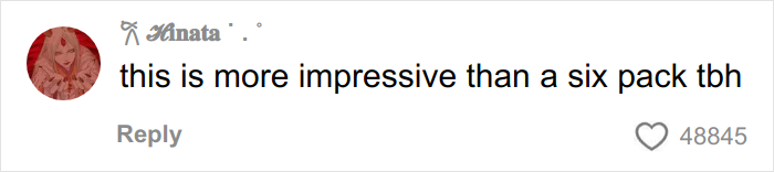 Comment saying this is more impressive than a six pack, highlighting a woman's trick to hide loose skin on her belly after massive weight loss.