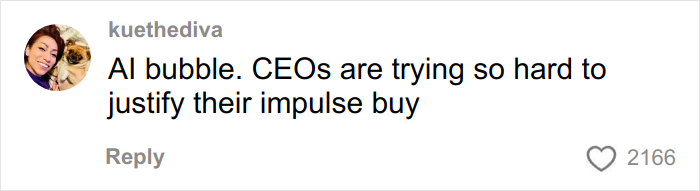 Social media comment reading AI bubble and CEOs justifying impulse buy, related to Coca-Cola holiday commercial and AI prompts.