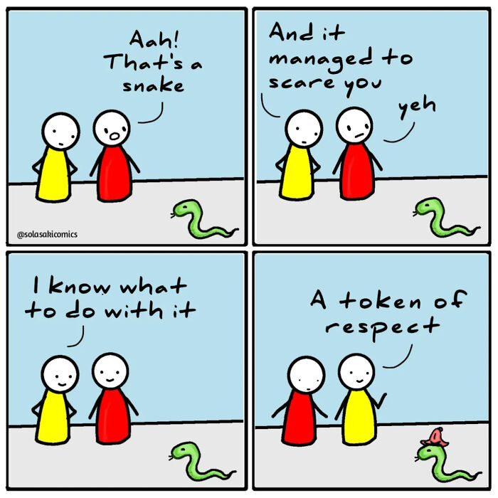 Simple comic panels showing two characters interacting with a snake, depicting a unique and hilarious everyday experience.