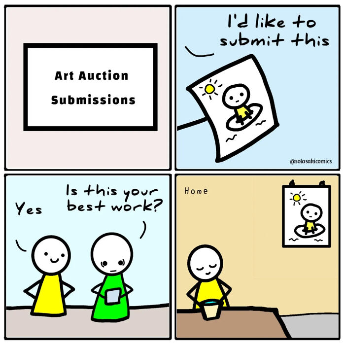 Comic strip showing a humorous art submission and rejection, illustrating a unique perspective on everyday creative experiences.