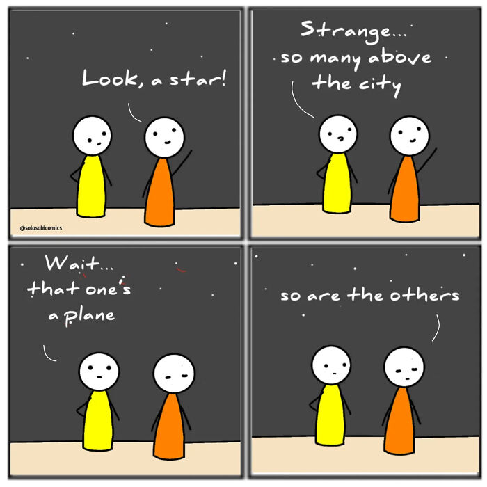 Simple comic showing two characters looking at stars, humorously mistaking planes for stars, unique everyday perspective.