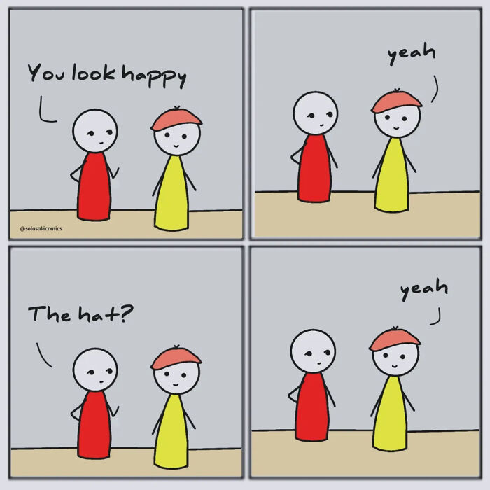 Simple comic strip showing two characters discussing happiness with one attributing it to wearing a hat, a clever hilarious comic.