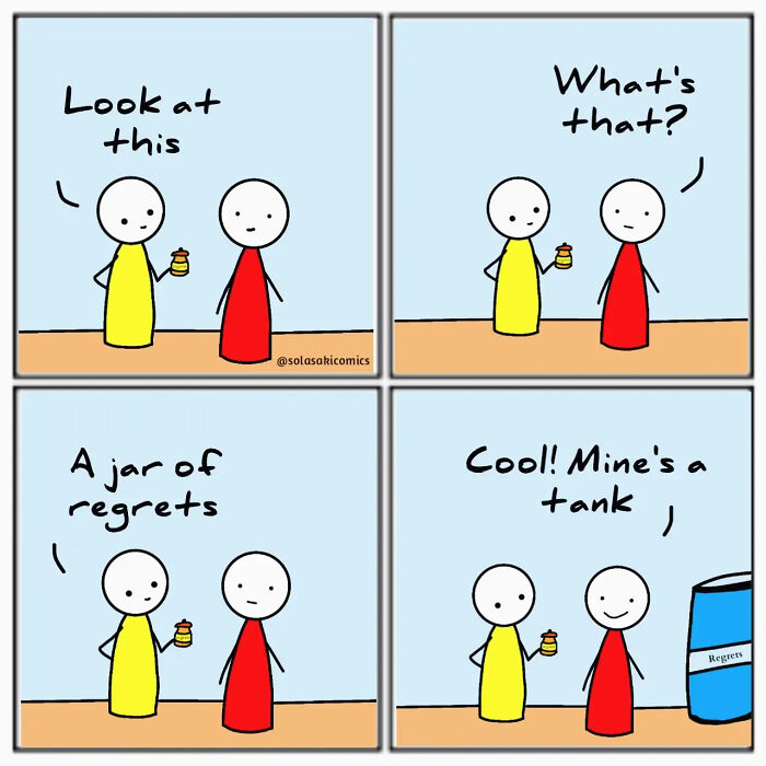 Comic panel featuring two simple characters humorously discussing a jar of regrets, showcasing clever hilarious comics.