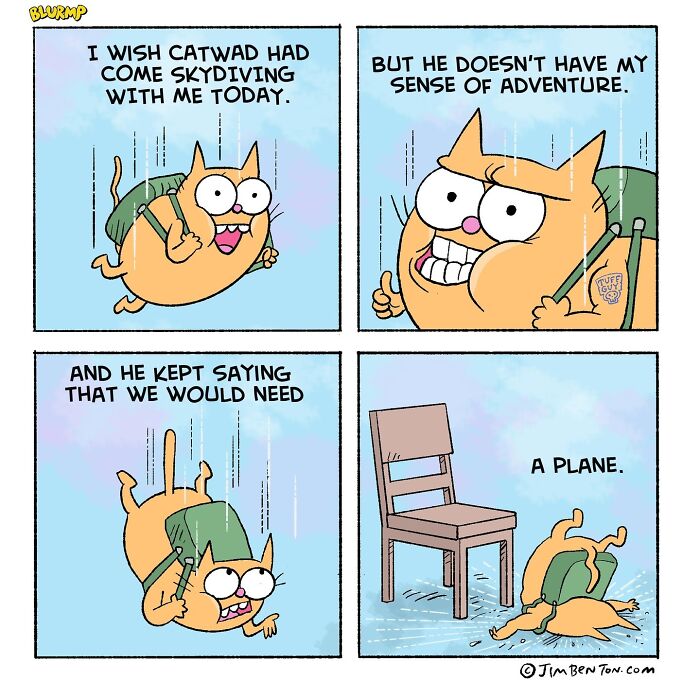 Cartoonist illustrating the humorous adventures and challenges of living with cats through a skydiving comic strip.