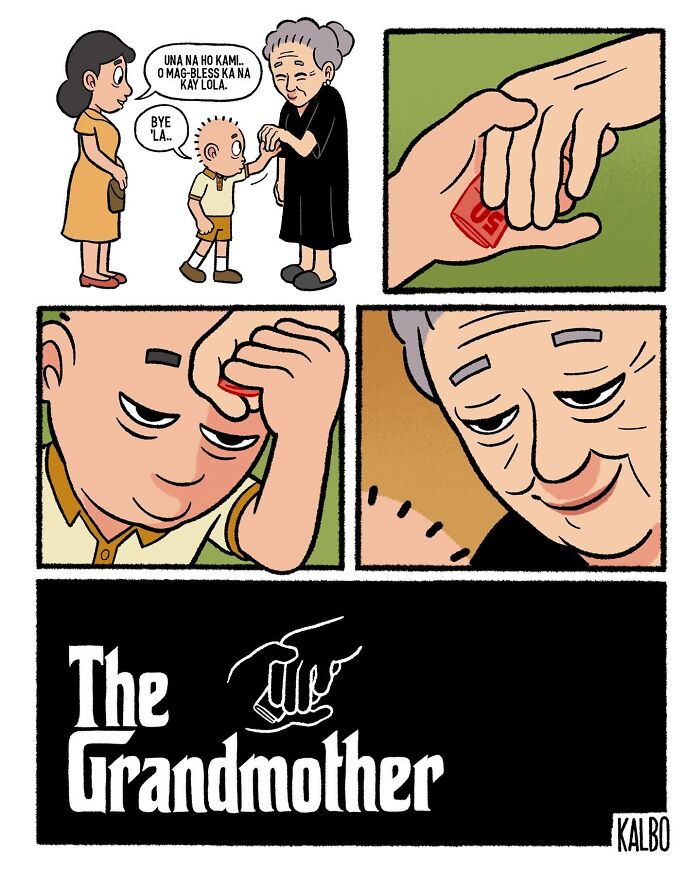 Comic by Tarantadong Kalbo showing life and humor through a touching scene between a grandmother, child, and mother.