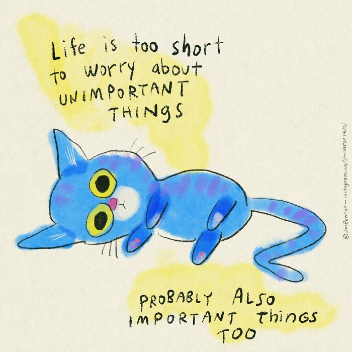 Cartoonist’s illustration of a blue cat with large yellow eyes, capturing the humor of living with cats.