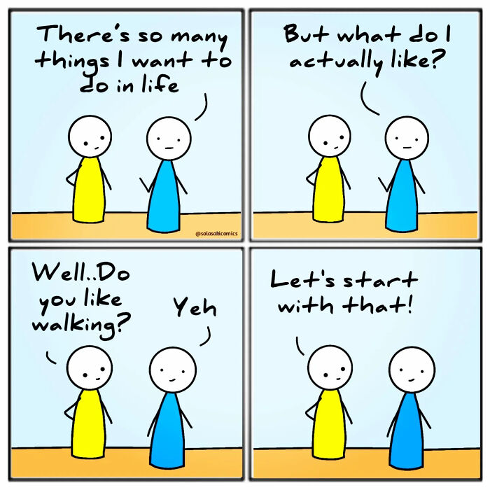 Two simple characters discuss life goals in a clever, hilarious comic offering a unique perspective on everyday experiences.