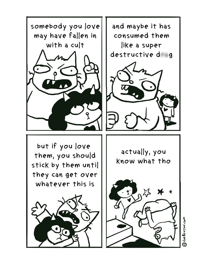 Black and white cartoon showing cats with a person, humorously capturing what it’s like to live with cats.