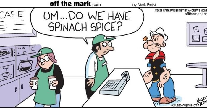 One-panel comic featuring iconic characters with a cafe worker asking about spinach spice in a humorous scene.