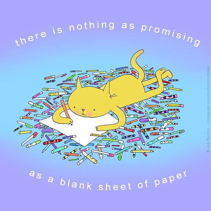 Cartoon of a yellow cat lying on colorful pens, drawing on a blank sheet, capturing what it’s like to live with cats.