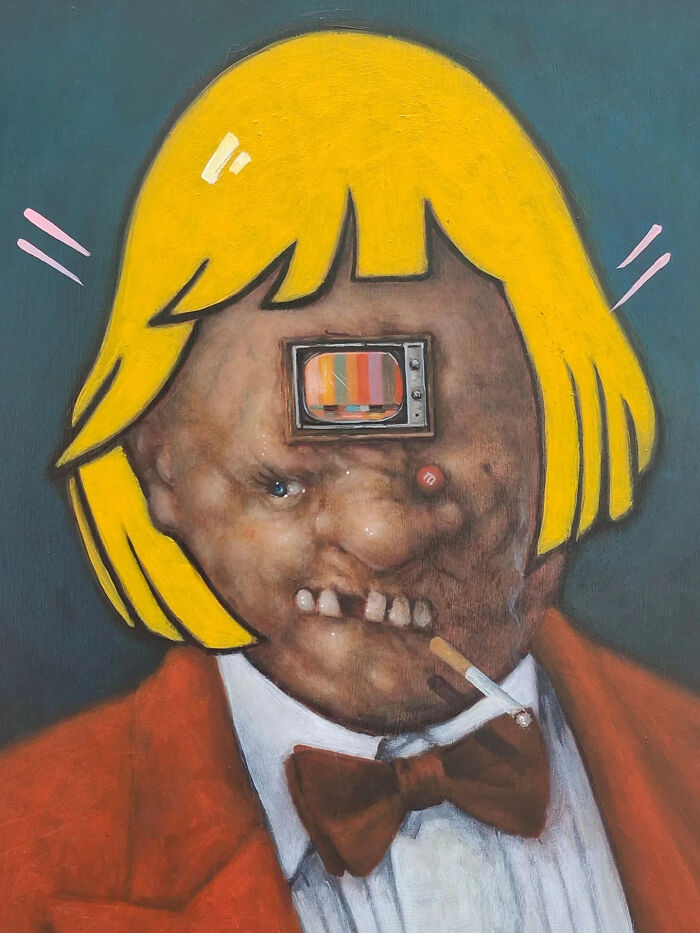 Creepy painting by Tyler Tilley featuring a distorted face with a TV screen on the forehead and yellow hair in a suit.