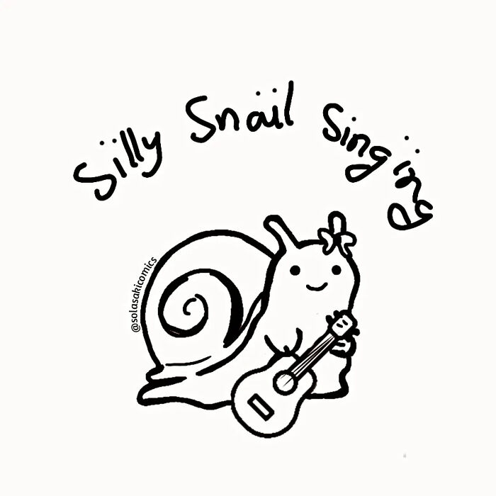 Cute comic illustration of a silly snail playing guitar, showcasing clever and hilarious everyday experiences by an artist.