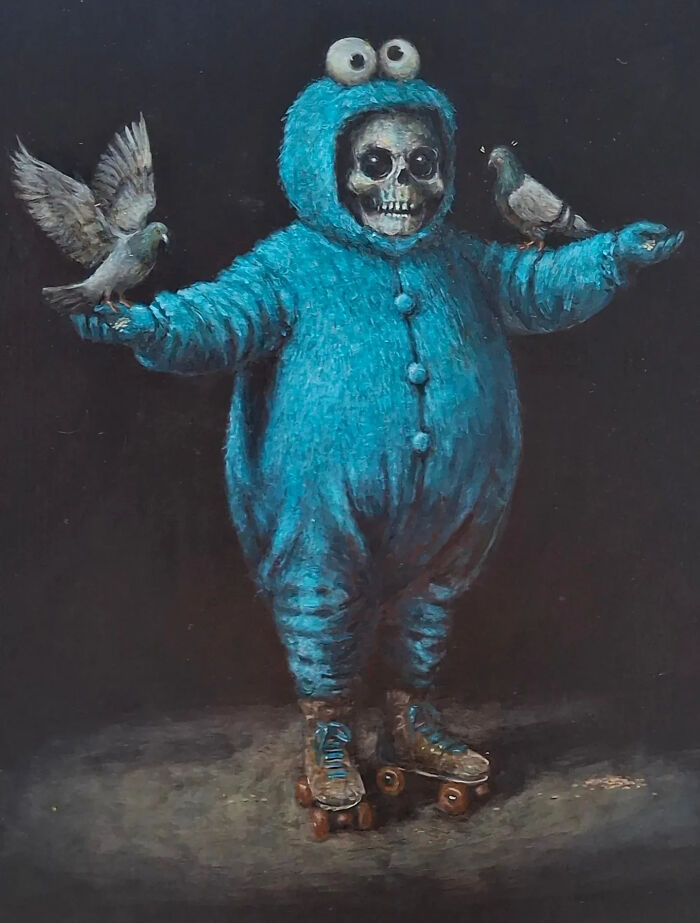 Creepy painting by Tyler Tilley features a skeleton in a blue costume with pigeons and roller skates.