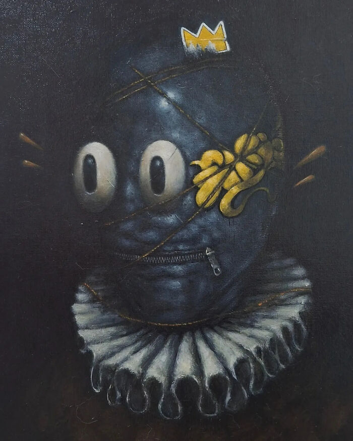 Creepy painting by Tyler Tilley featuring a dark stitched head with large eyes, zipper mouth, and yellow crown details.
