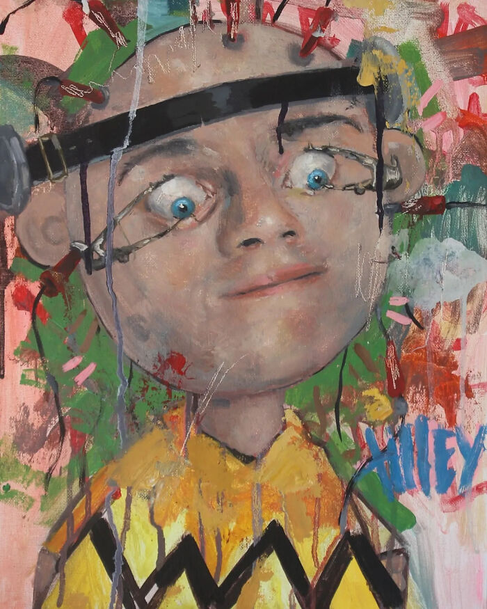 Creepy painting by Tyler Tilley featuring a character with mechanical eye devices and colorful abstract background.