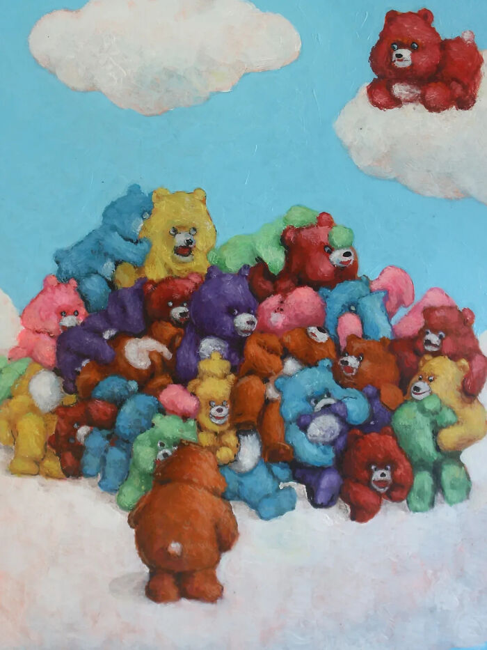 Creepy paintings by Tyler Tilley featuring a pile of colorful bears under a cloudy sky, evoking a horror fan’s eerie fascination.