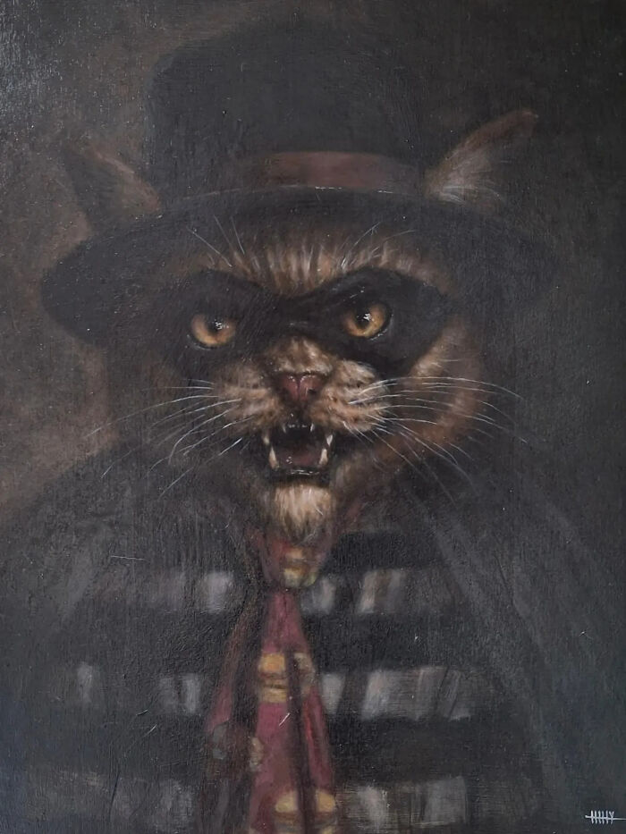 Creepy painting of a sinister cat wearing a hat and striped scarf, featuring horror art by Tyler Tilley.