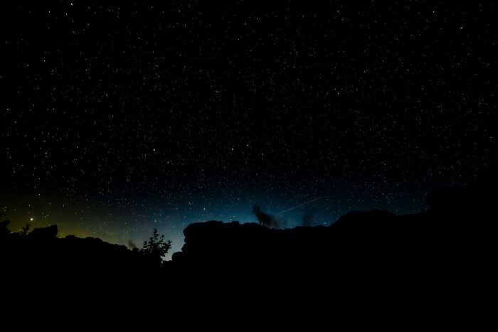 Starry night sky over dark nature landscape, showcasing impressive images from the 2025 nature photography contest.