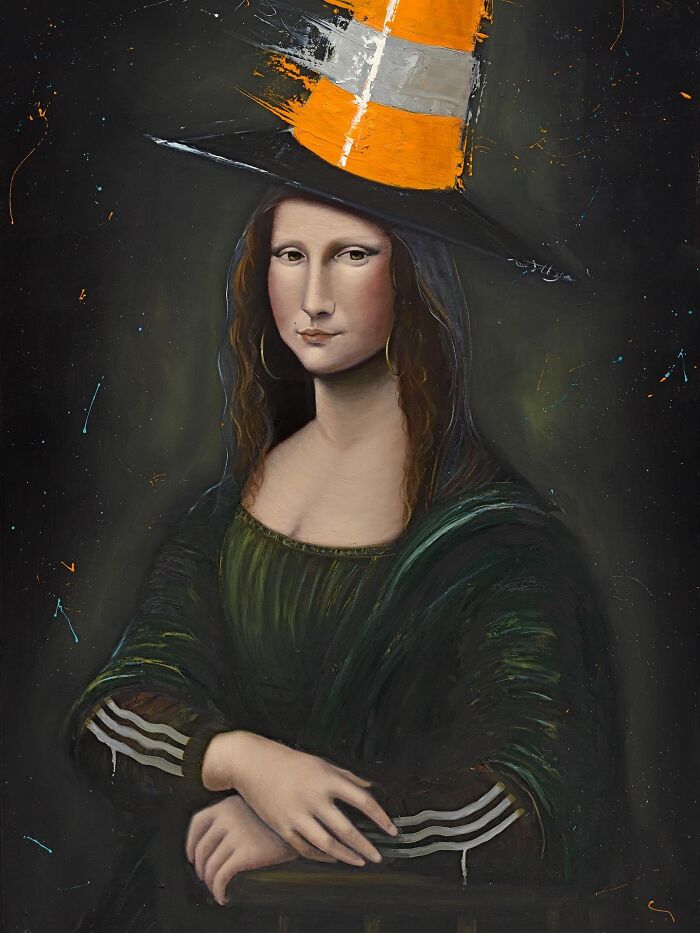 Scottish artist reimagines Mona Lisa with streetwear hat, hoop earring and sporty sleeve stripes on a dark background