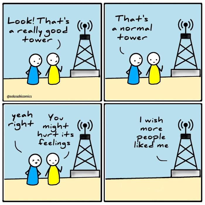 Comic panels showing two characters humorously discussing feelings of a communication tower, illustrating clever everyday experiences.