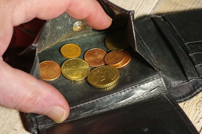 Hand holding open an empty wallet with coins inside, symbolizing lack of resources while rehoming dog after abandonment.