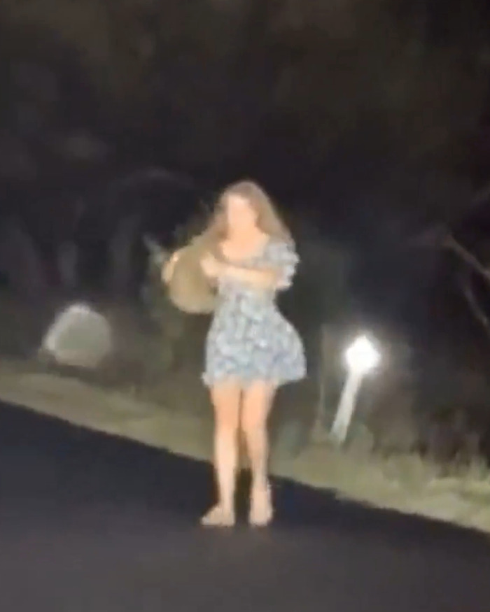 Woman holding baby wombat on a dark road at night, related to influencer who snatched baby wombat and got arrested.
