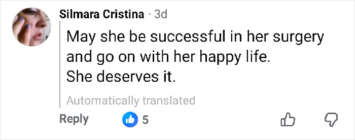 Comment from Silmara Cristina wishing success in influencer's surgery to restore her look after botched plastic operation.